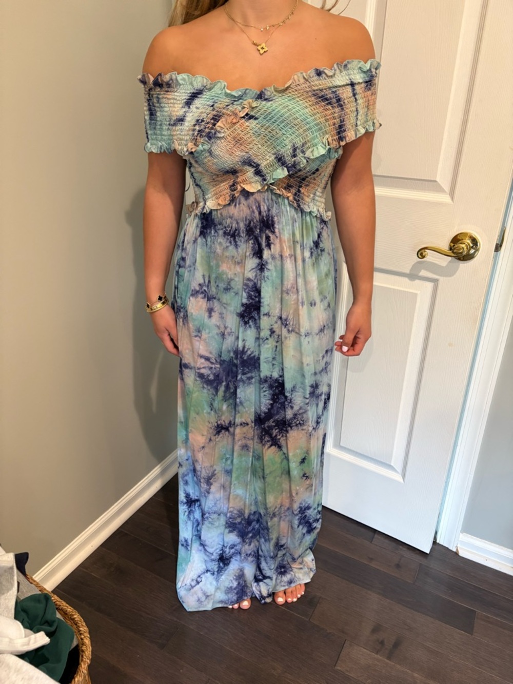 Aqua Off-Shoulder Tie-Dye Maxi Dress in Pastel Blue, Green & Navy